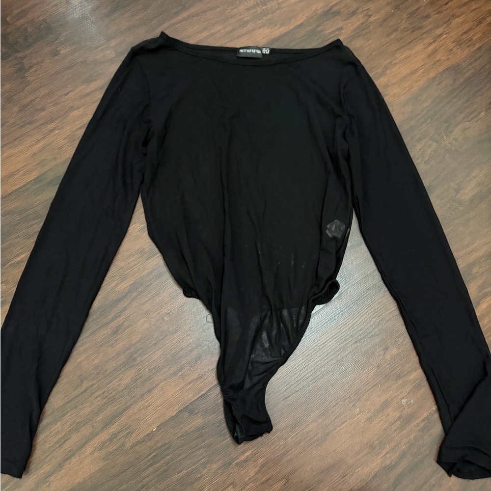 PrettyLittleThing Black Sheer Long Sleeve Bodysuit
